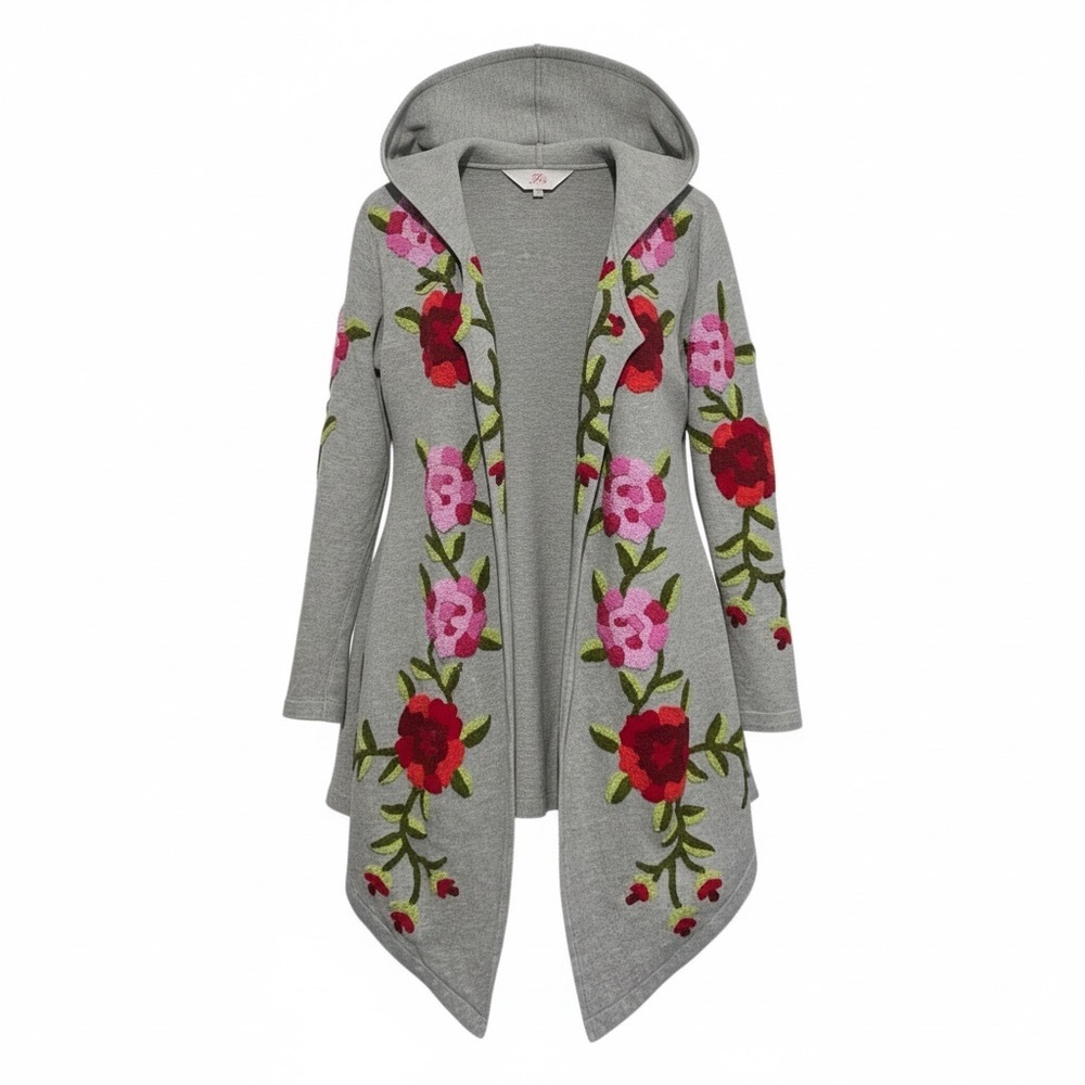 Roja Hooded Cardigan Floral Embellished Small Duster Open Front